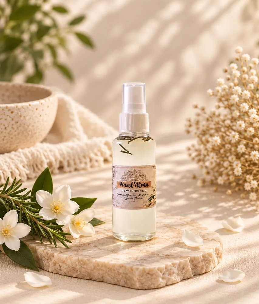 Frasco de spray energético com etiqueta rosa, em base de pedra com flores brancas e folhas verdes no fundo claro.