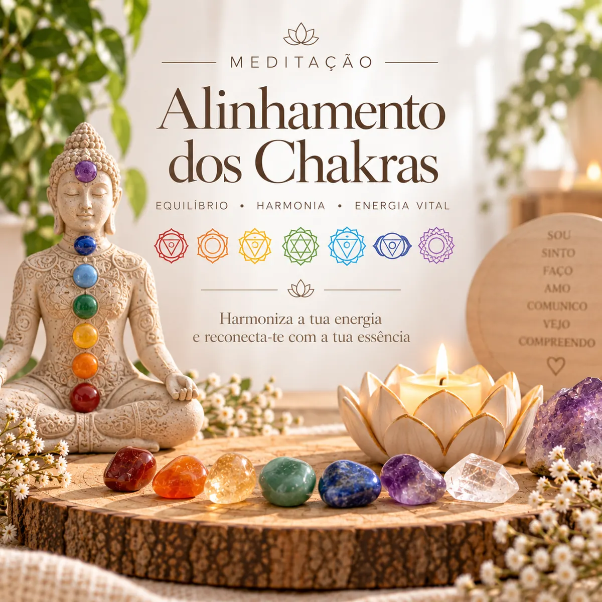 Estatueta de meditação com pedras coloridas, pedras naturais, vela decorativa e texto sobre alinhamento dos chakras
