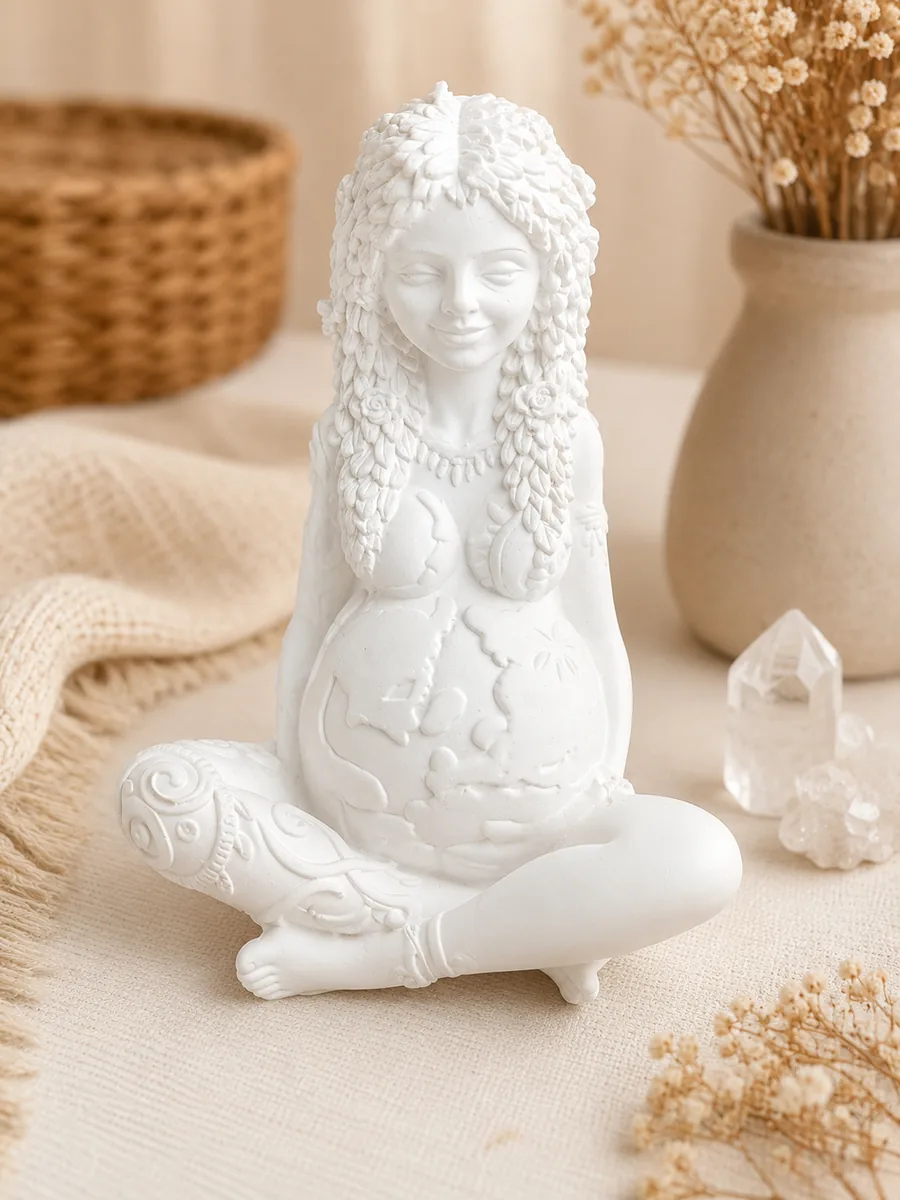 Estátua branca de mulher grávida sentada com detalhes decorativos e flores secas em fundo neutro
