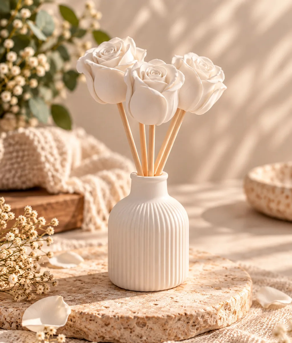 Vaso branco com paus e flores artificiais estilo rosas sobre base de pedra