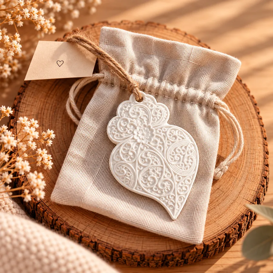 Ornamento branco em forma de coração com padrão arabesco em relevo sobre saco de tecido bege e base de madeira circular