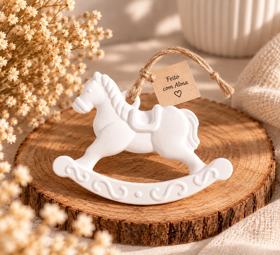 Estatueta branca em forma de cavalo de baloiço com etiqueta Feito com Alma