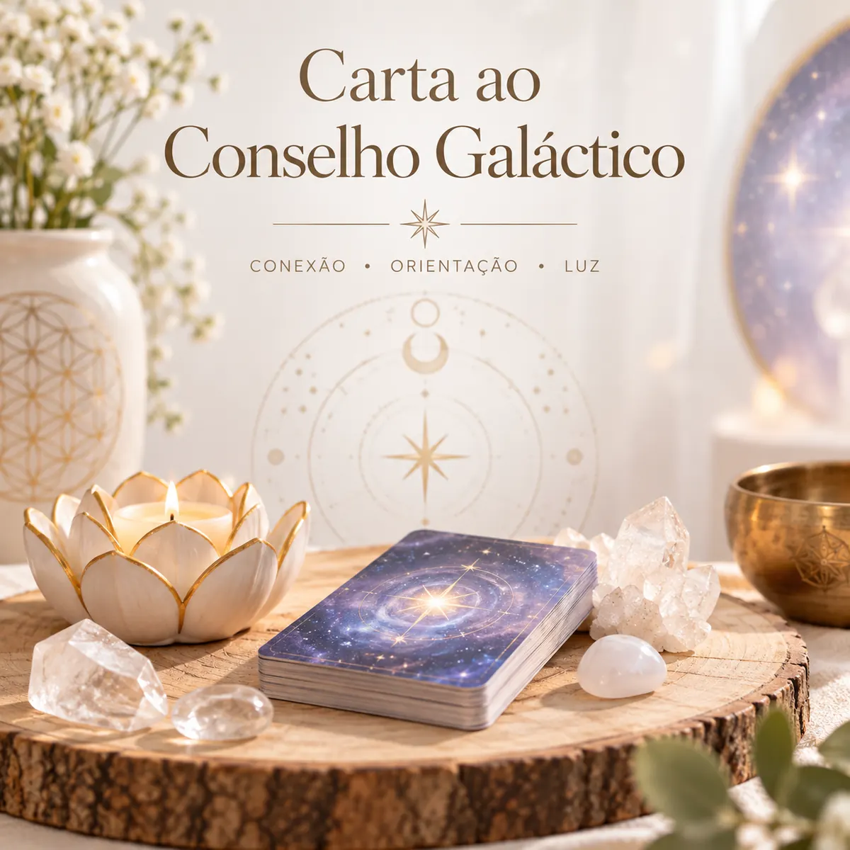 Cartas galácticas numa base de madeira com vela branca dourada e cristais no ambiente