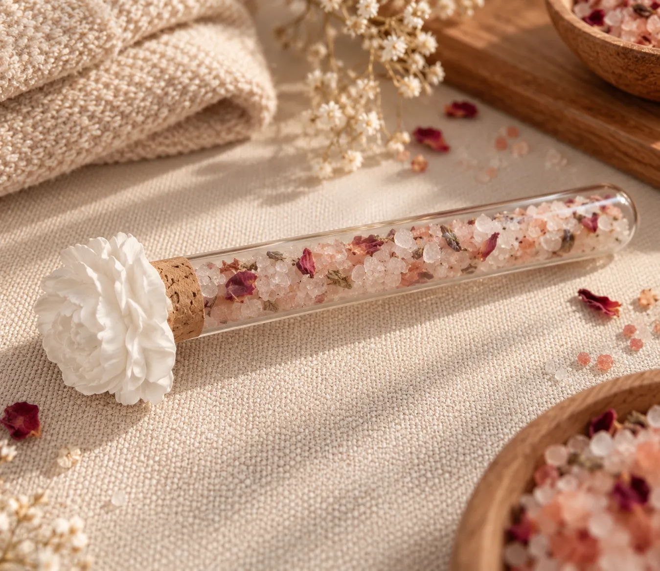 Frasco de vidro com sal rosa e pétalas secas, decorado com flor branca, em fundo bege com tecidos e flores.