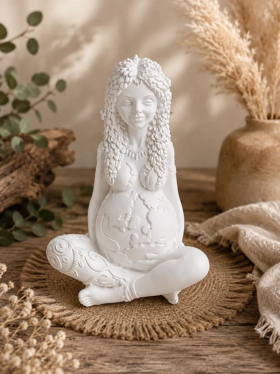 Estátua decorativa branca de mulher sentada com detalhes florais e cabelo texturizado
