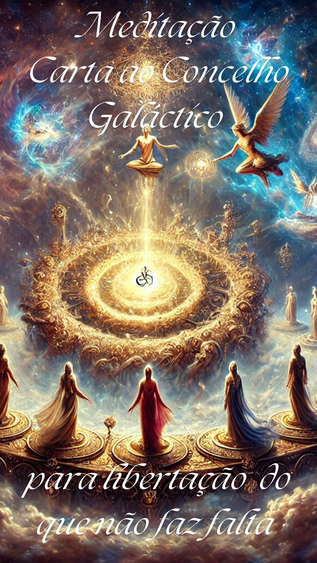 Imagem espiritual com figuras humanas, anjos e padrões dourados, texto branco