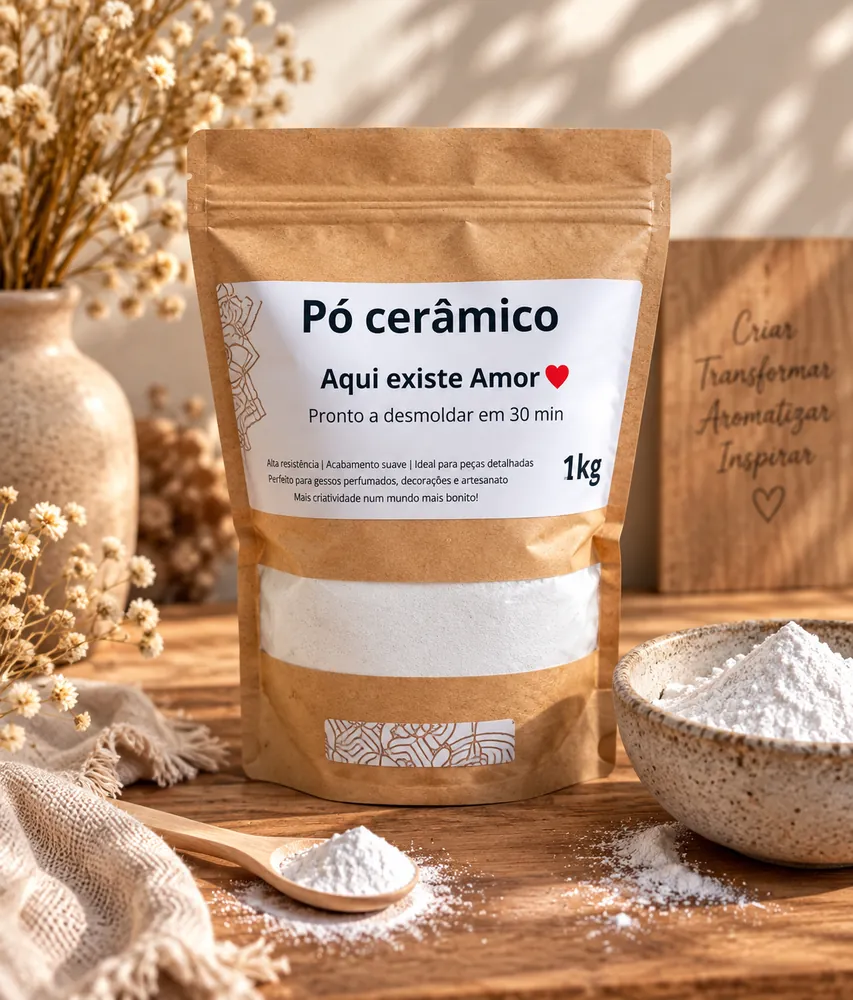 Saco de pó cerâmico branco em embalagem de papel castanho numa mesa de madeira com flores secas e tigela com pó branco