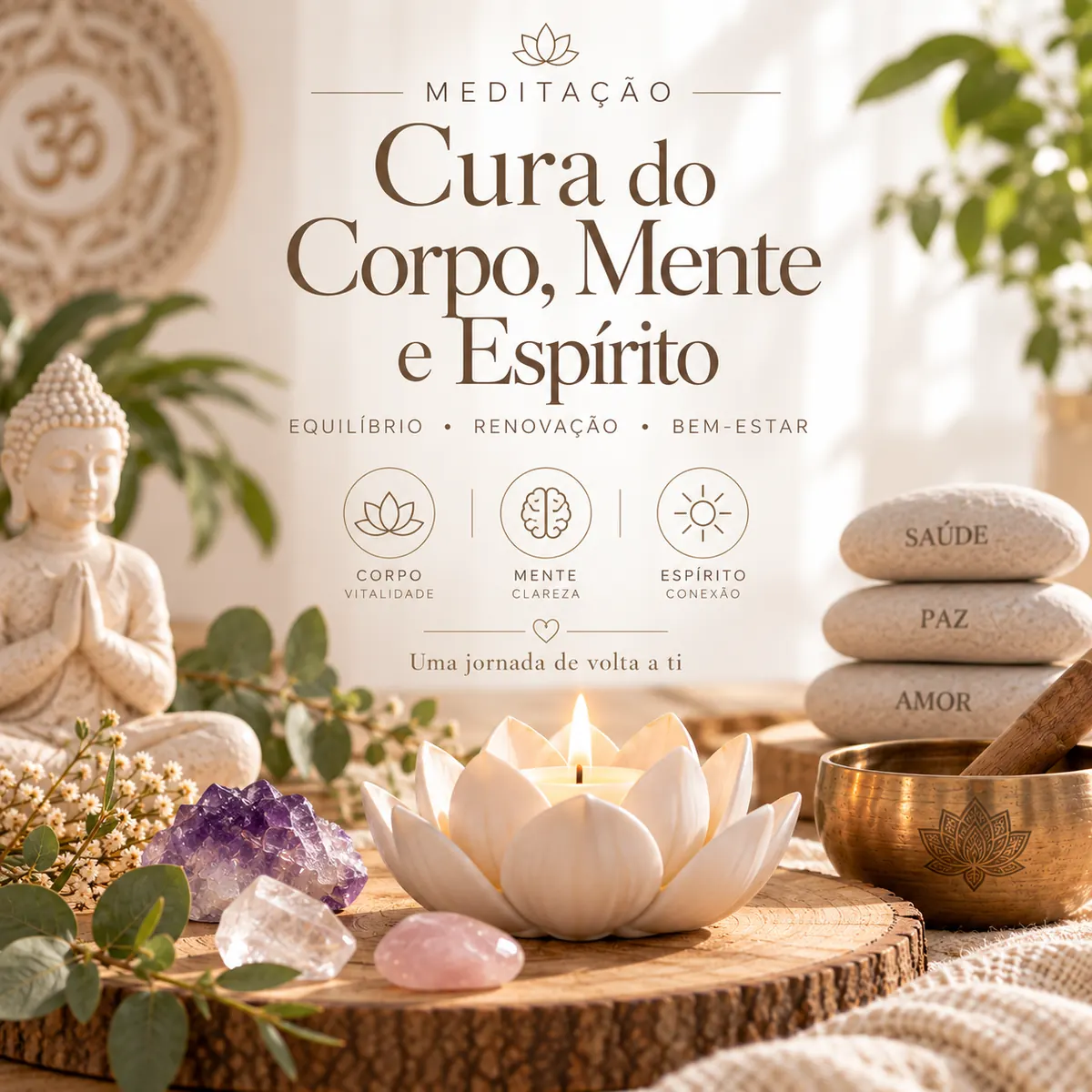 Conjunto de meditação com estátua de Buda, vela, cristais, pedras com inscrições e tigela metálica