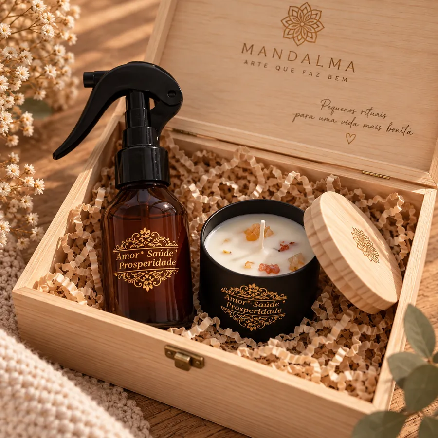 Conjunto de presente com spray e vela em caixa de madeira