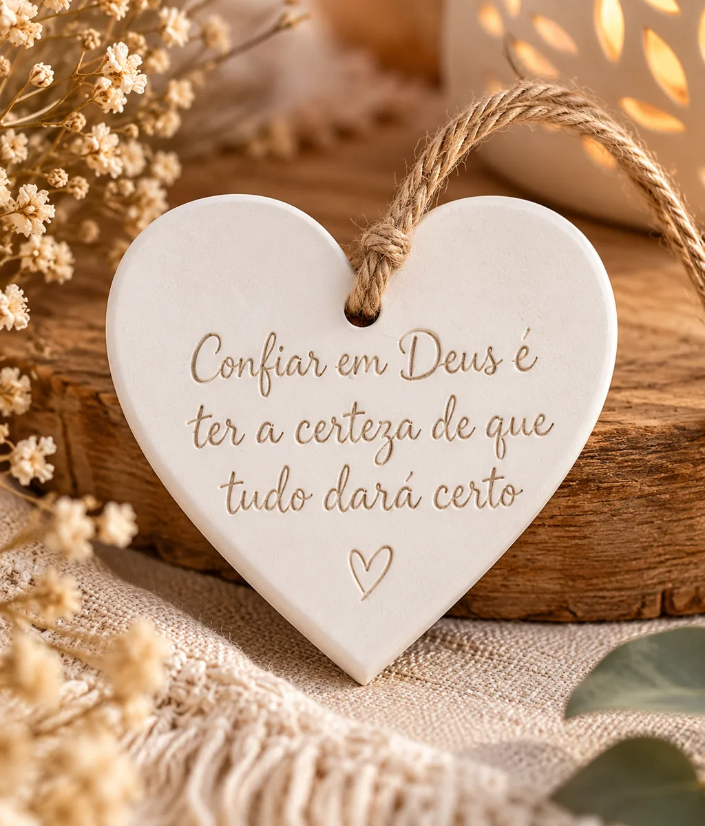 Peça decorativa de cerâmica em forma de coração com frase religiosa gravada.