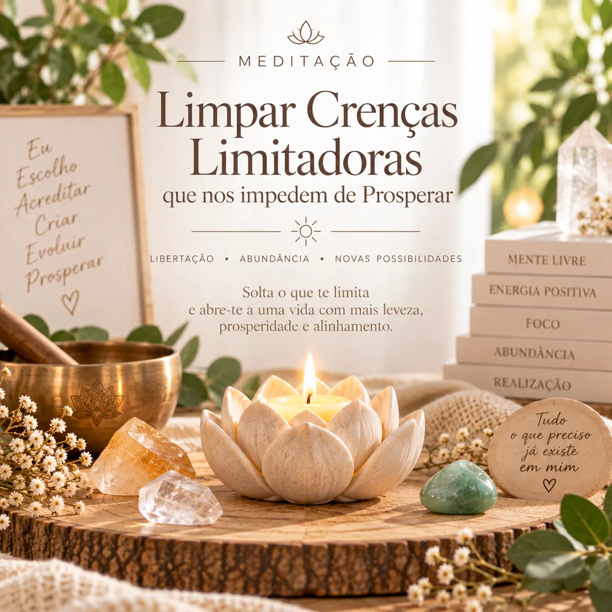 Conjunto de decoração de meditação com vela em flor de lótus e cristais sobre base de madeira