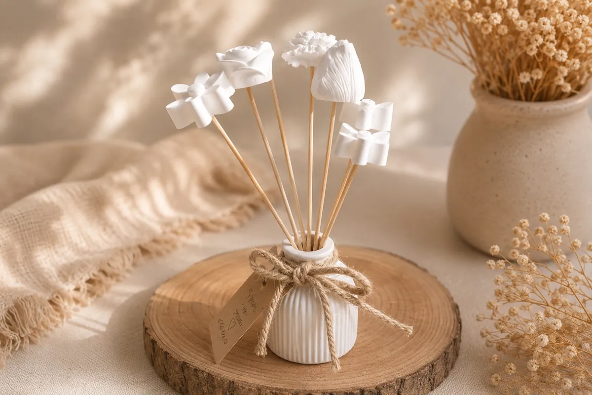 Difusor de aromas branco com flores decorativas em madeira numa placa de madeira