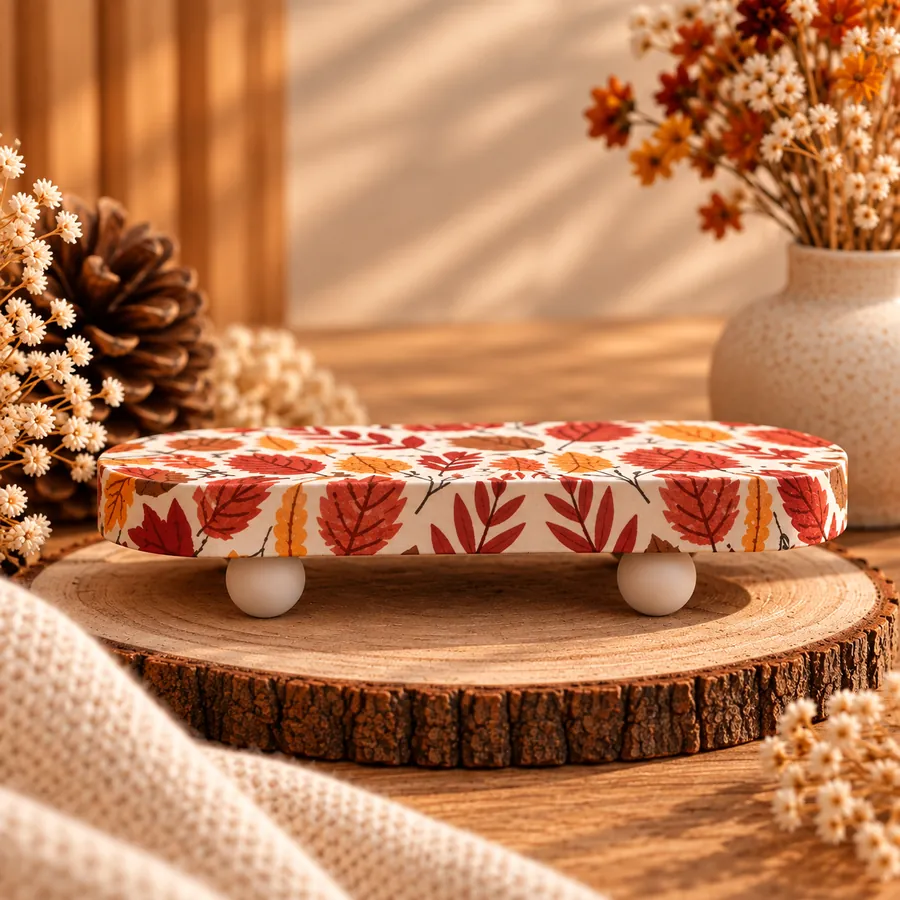 Base decorativa oval com estampa de folhas e pés redondos brancos sobre base de madeira