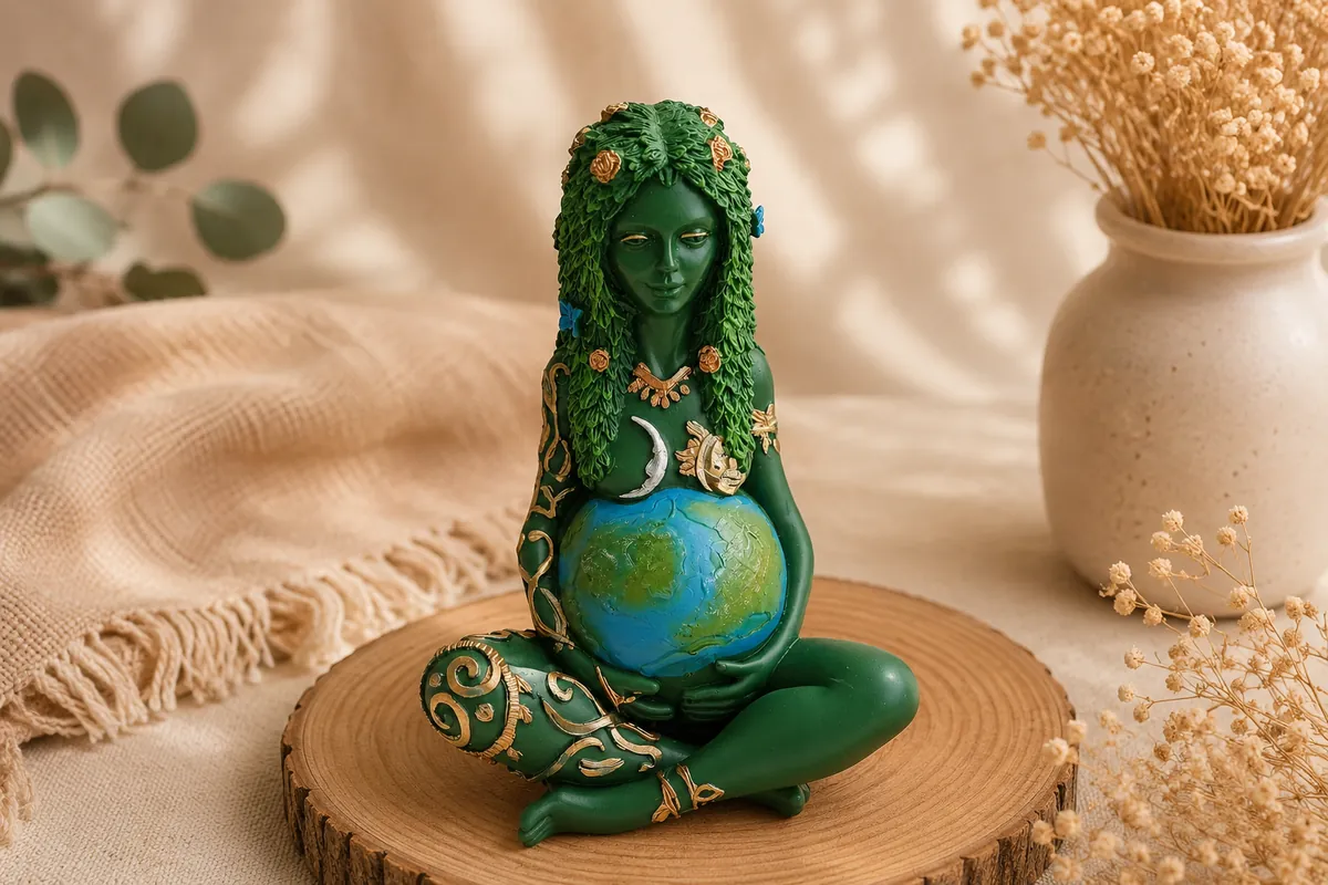 Estátua verde decorativa de mulher segurando globo terrestre sentada sobre disco de madeira.