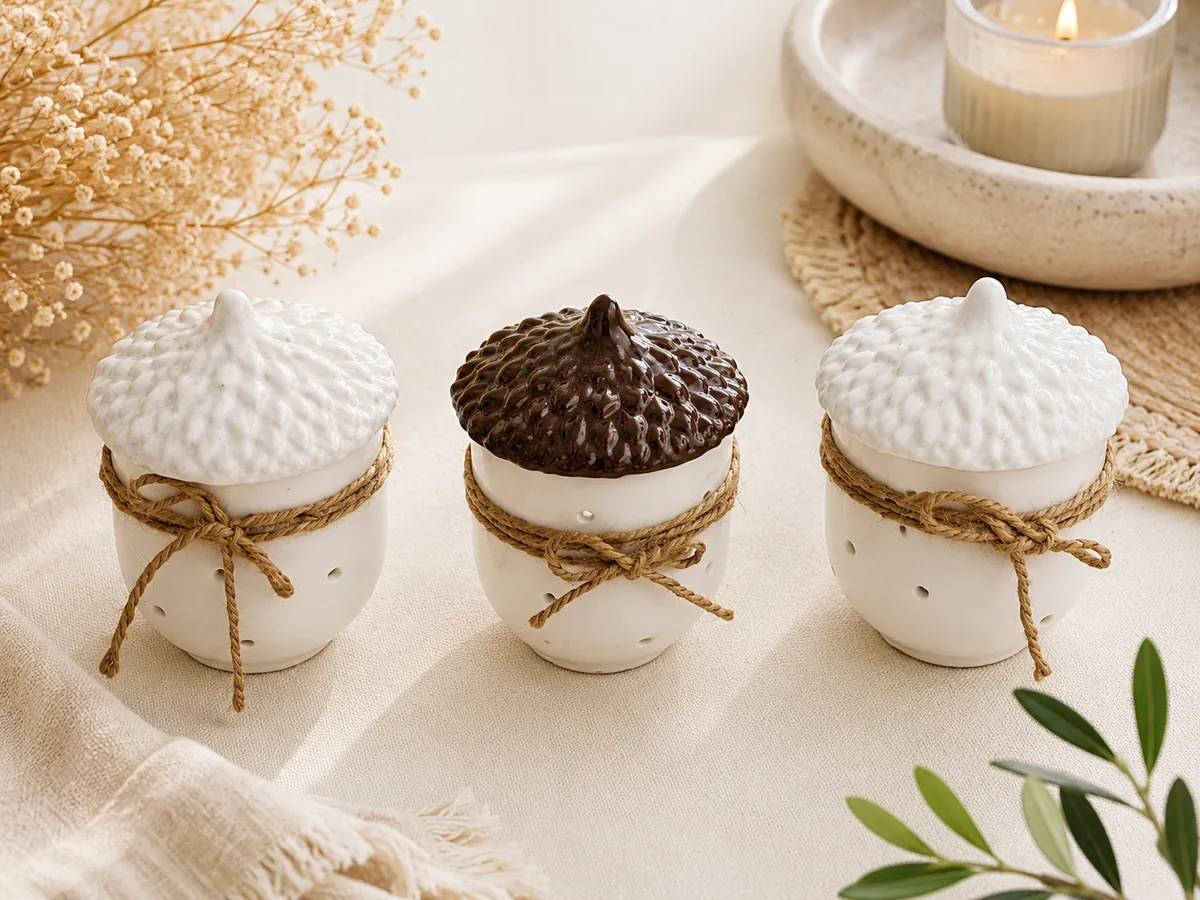 Recipientes cerâmicos em forma de bolota com tampas e cordas, decorados sobre tecido creme
