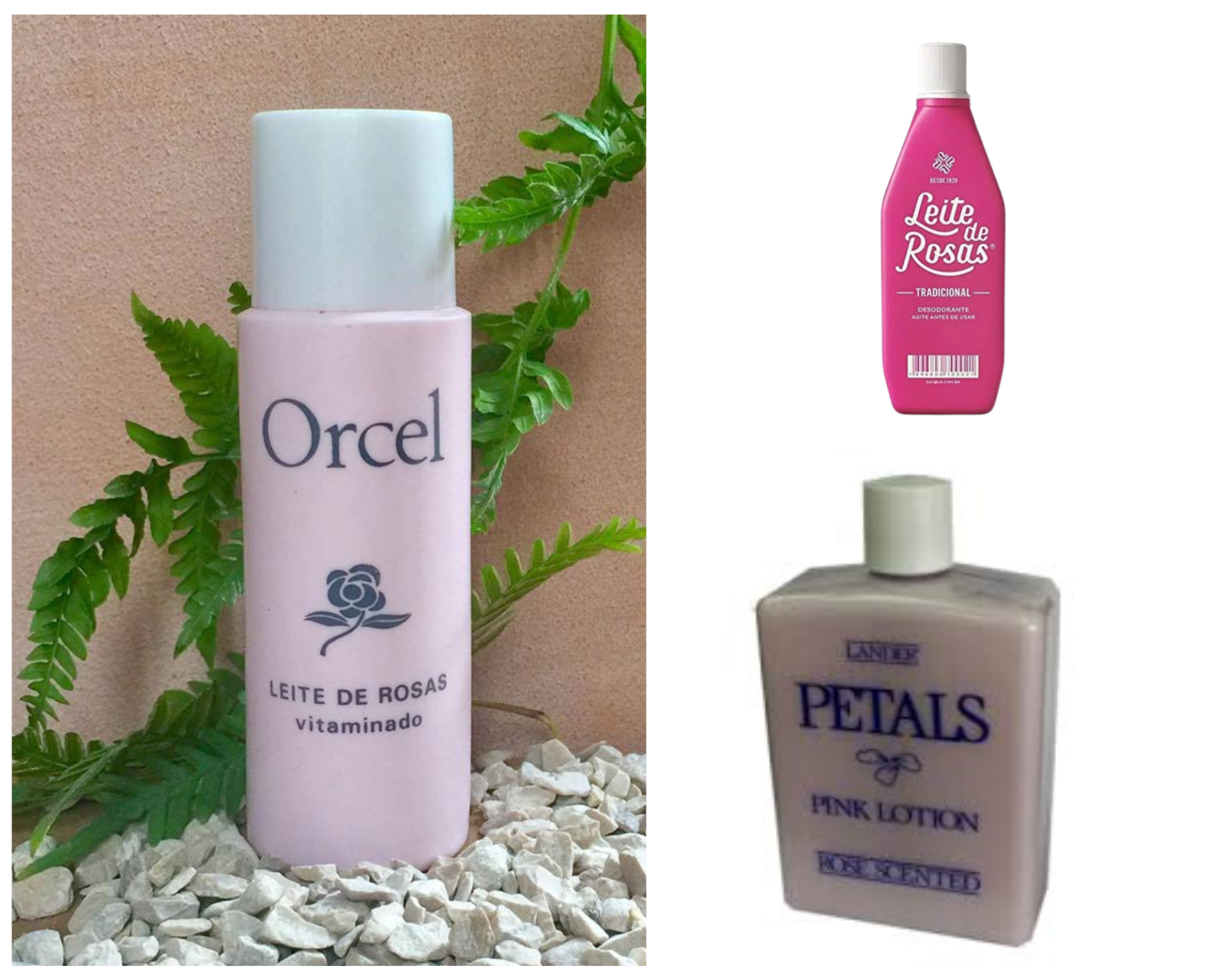 Três frascos de loção corporal em tons de rosa com textos das marcas Orcel, Leite de Rosas e Lanier Petals.