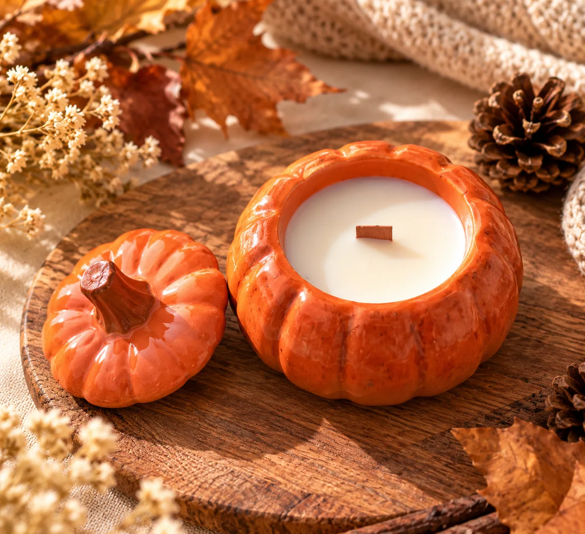 Vela decorativa em recipiente de abóbora cerâmica laranja com tampa