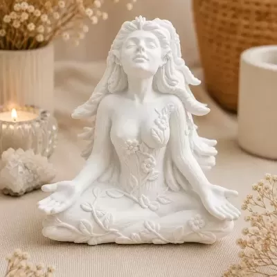 Estátua branca decorativa de figura feminina sentada com detalhes florais