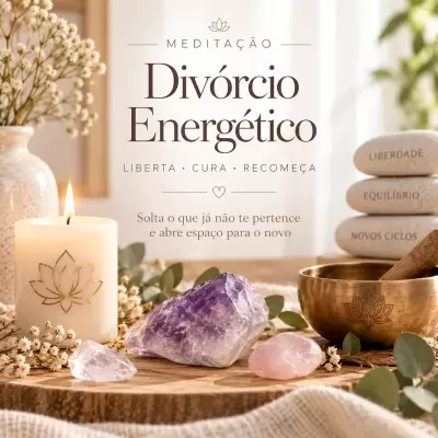 Conjunto de meditação com vela, cristais, tigela tibetana, pedras com palavras e flores sobre superfície de madeira