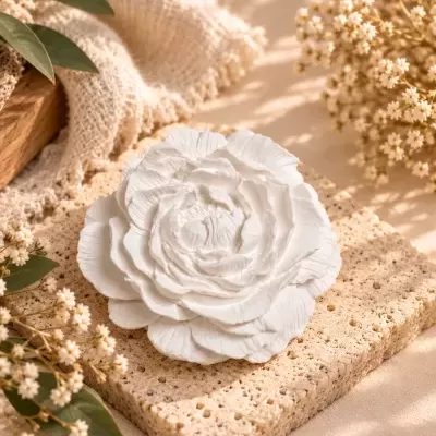 Flor decorativa branca sobre base bege texturada com flores pequenas e folhas verdes