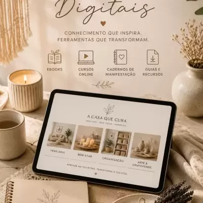Cenário com tablet mostrando produtos digitais e decoração natural em tons terra e bege