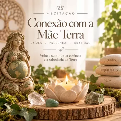Escultura mulher com globo, vela em flor cerâmica, pedras com texto, cristais e plantas verdes sobre base madeira