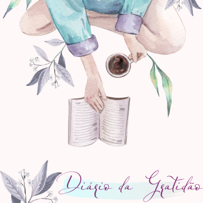 Pessoa sentada com blusa verde-água, livro aberto e chávena de café, com texto 'Diário da Gratidão' e folhas decorativas.