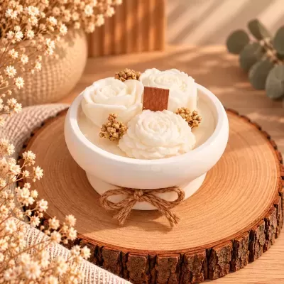 Vela decorativa branca em formato de flores num recipiente de cerâmica creme com cordão rústico