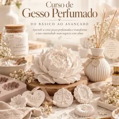 Curso de Gesso Perfumado Online: Do Zero ao Avançado Peças de gesso perfumado em bege com moldes e frascos decorados com flores secas