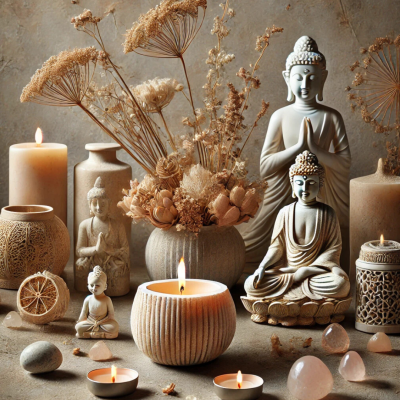 Uma simples vela pode transformar a tua vida Conjunto decorativo de estátuas de Buda, velas, flores secas e pedras sobre fundo bege com mandala