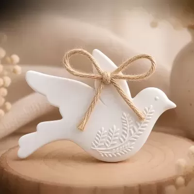 Figura decorativa de pássaro branco em cerâmica com laço de corda