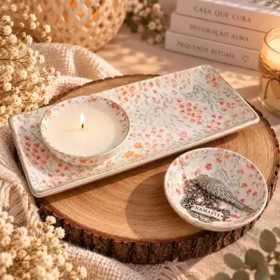 Conjunto cerâmico floral com vela acesa e bijuterias sobre base de madeira redonda.