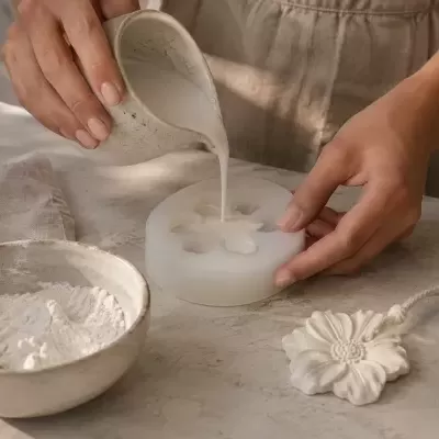 O Artesanal é o Novo luxo Mãos a verter mistura em molde de silicone em forma de flor com acessórios de cerâmica e pano