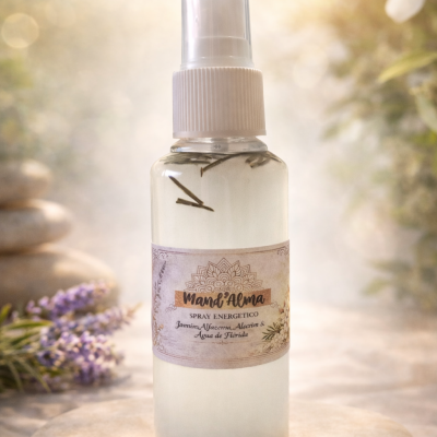 Frasco de spray energético transparente com rótulo e tampa branca, sobre pedra lisa.