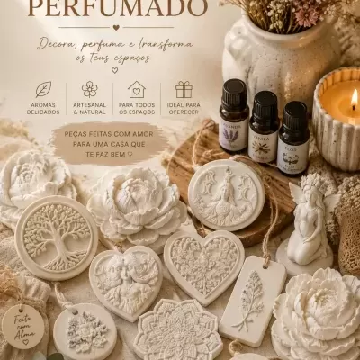 Diversos gessos perfumados detalhados em branco com óleos essenciais ao fundo