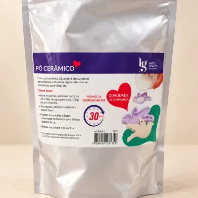 Embalagem prateada de pó cerâmico LG com instruções e selos coloridos