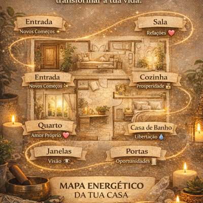 Mapa energético de casa com divisões ilustradas e texto em tom rústico com velas e pedras.