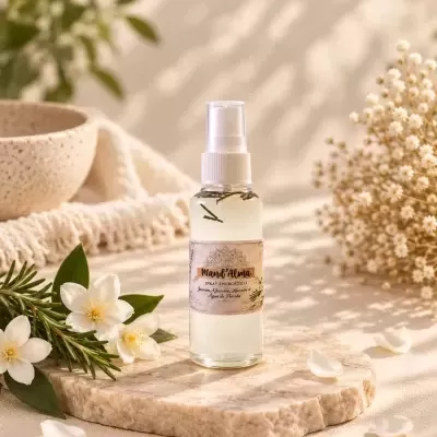 Frasco de spray energético com etiqueta rosa, em base de pedra com flores brancas e folhas verdes no fundo claro.