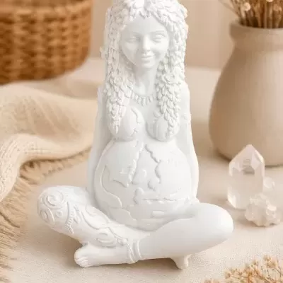 Estátua branca de mulher grávida sentada com detalhes decorativos e flores secas em fundo neutro