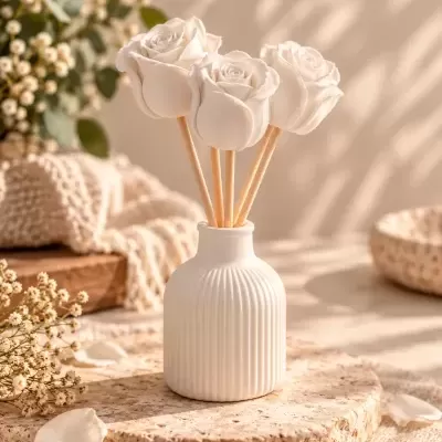 Vaso branco com paus e flores artificiais estilo rosas sobre base de pedra