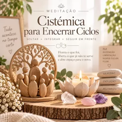 Escultura de madeira, vela em forma de flor, pedras decorativas, texto em Português sobre meditação sistémica.