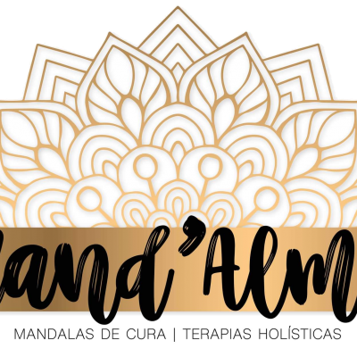 Logotipo Mand'Alma com mandala dourada e texto preto sobre faixa dourada