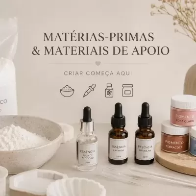 Produtos de artesanato como gesso cerâmico, essências e pigmentos em frascos, dispostos em mesa com decoração neutra