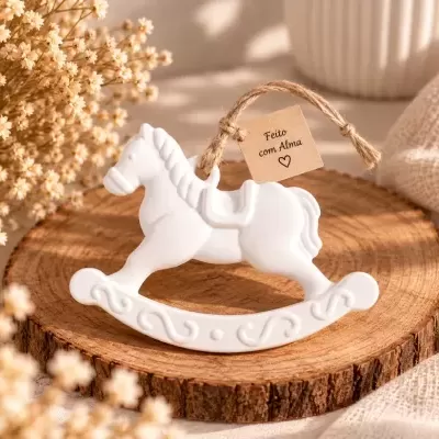 Estatueta branca em forma de cavalo de baloiço com etiqueta Feito com Alma