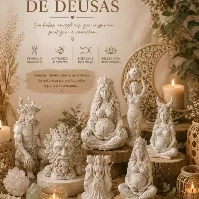 Estátuas decorativas brancas de deusas e figuras mitológicas com velas e elementos naturais