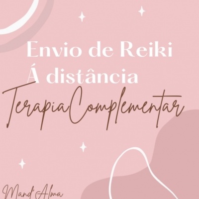 Imagem promocional com texto sobre envio de Reiki à distância em fundo rosa
