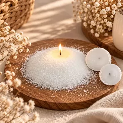 Vela branca acesa com cristais em prato de madeira junto a velas apagadas e flores secas