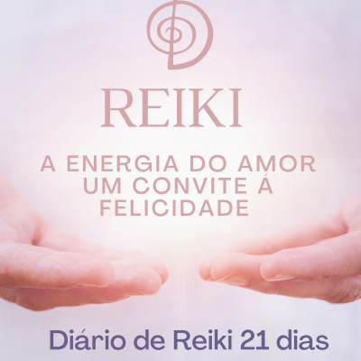 Imagem promocional de Reiki com texto e mãos abertas em fundo cor de rosa