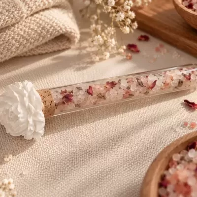Frasco de vidro com sal rosa e pétalas secas, decorado com flor branca, em fundo bege com tecidos e flores.
