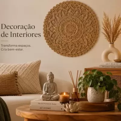 Sala de estar com decoração em tons naturais e elementos de madeira e tecido.